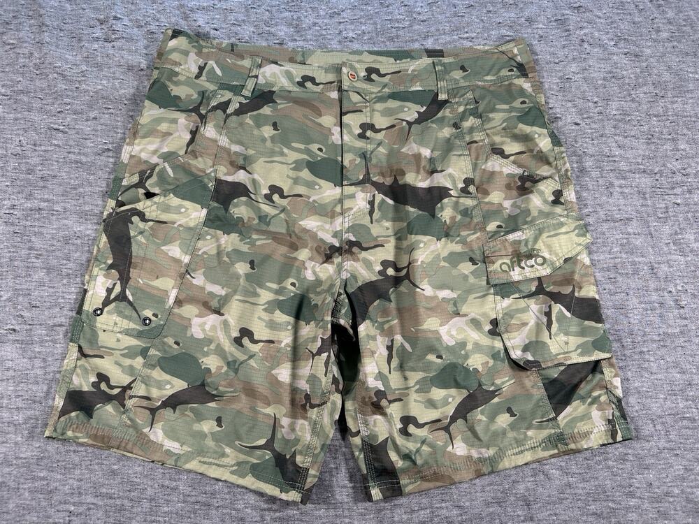 AFTCO Tactical Camo Fishing Shorts Mens 42 Green 10" Stretch Cargo Angler
